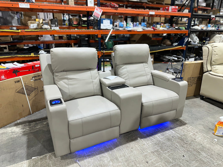 Victoria 71.26" Wide Genuine Leather Home Theater Seating with Ambient Lighting and Storage by HULALA HOME (open box)