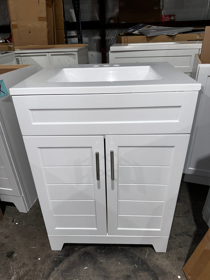 Style Selections Kirkman 24-in True White Single Sink Bathroom Vanity with White Cultured Marble Top (Mirror Included) (damaged)