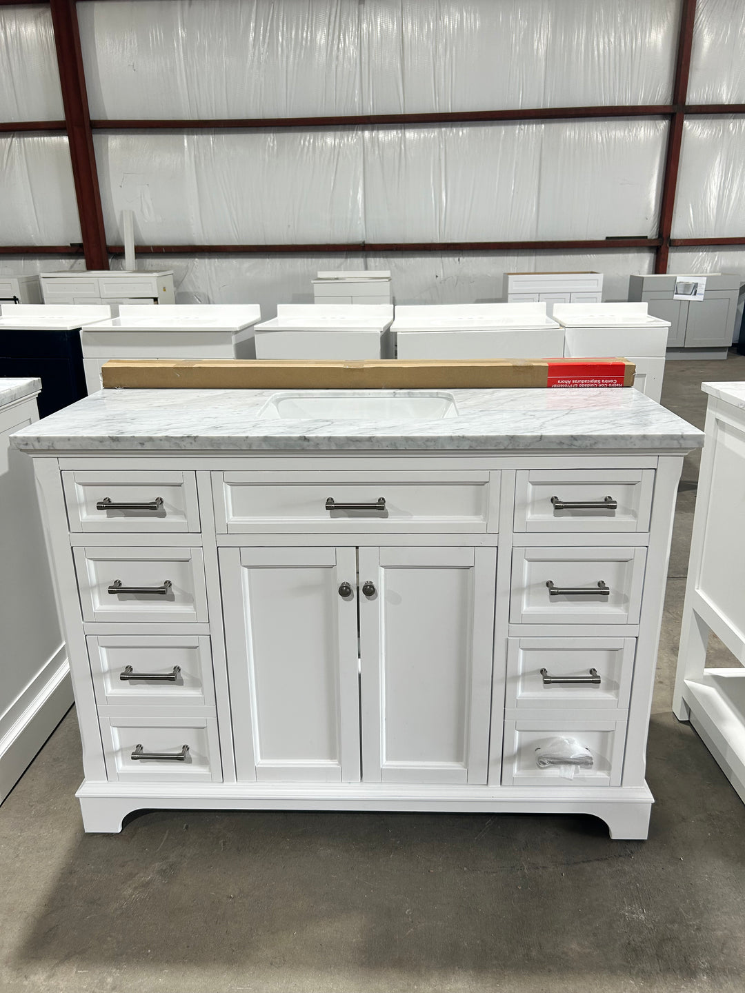 allen + roth Roveland 48-in White Undermount Single Sink Bathroom Vanity with Natural Carrara Natural Marble Top (damaged)
