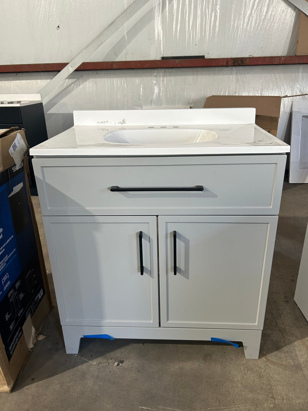 Style Selections Potter 30in Light Gray Single Sink Bathroom Vanity w White Marble Top (damaged)