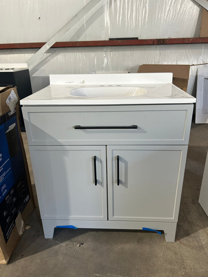 Style Selections Potter 30in Light Gray Single Sink Bathroom Vanity w White Marble Top (damaged)