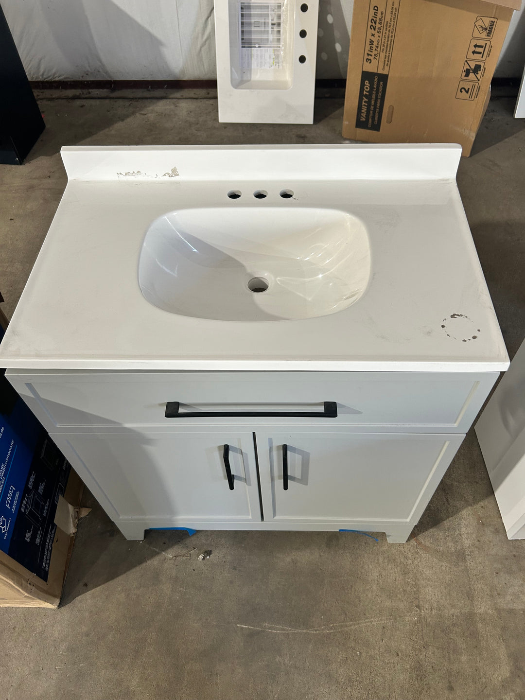Style Selections Potter 30in Light Gray Single Sink Bathroom Vanity w White Marble Top (damaged)