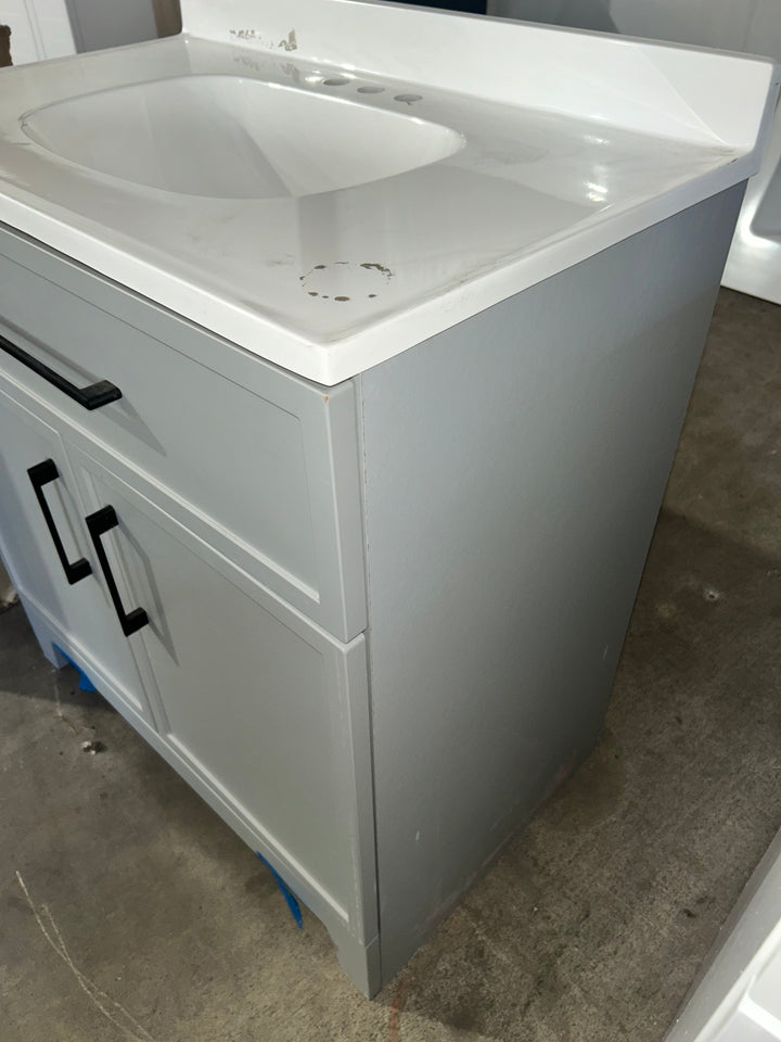 Style Selections Potter 30in Light Gray Single Sink Bathroom Vanity w White Marble Top (damaged)