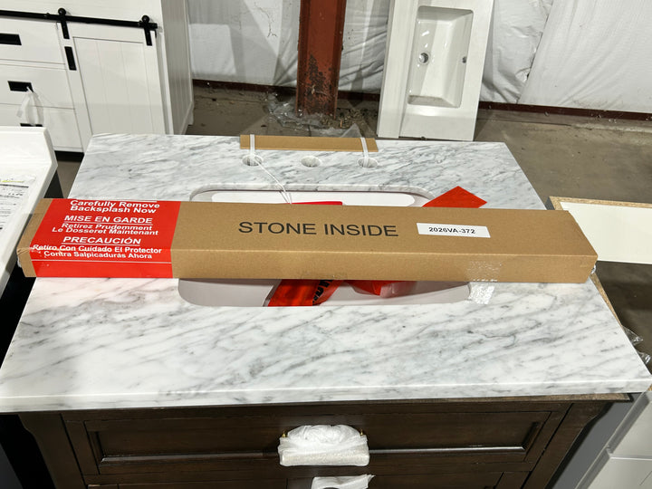 allen + roth Roveland 30-in Deep Walnut Undermount Single Sink Bathroom Vanity with Natural Carrara Natural Marble Top (damaged)