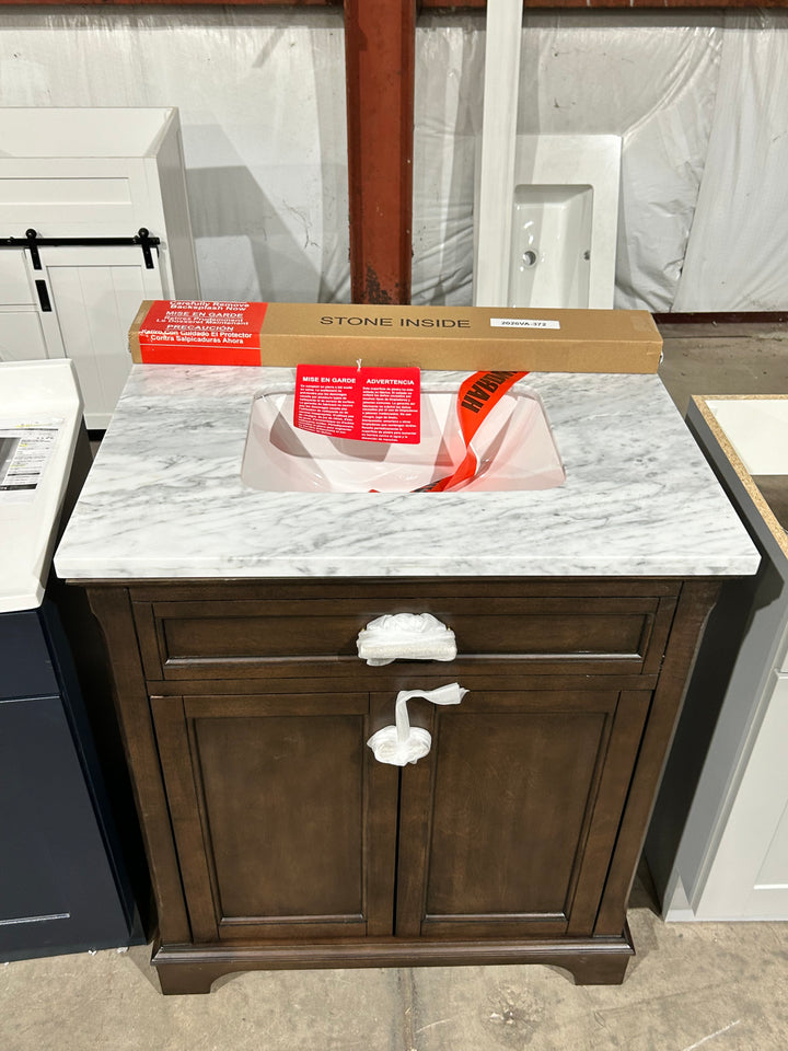 allen + roth Roveland 30-in Deep Walnut Undermount Single Sink Bathroom Vanity with Natural Carrara Natural Marble Top (damaged)