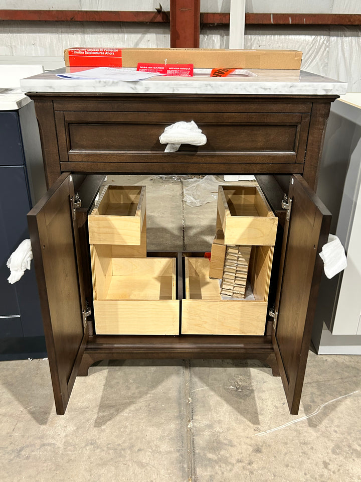 allen + roth Roveland 30-in Deep Walnut Undermount Single Sink Bathroom Vanity with Natural Carrara Natural Marble Top (damaged)