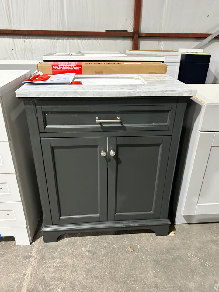 allen + roth Roveland 30-in Raven Undermount Single Sink Bathroom Vanity with Natural Carrara Natural Marble Top (damaged)