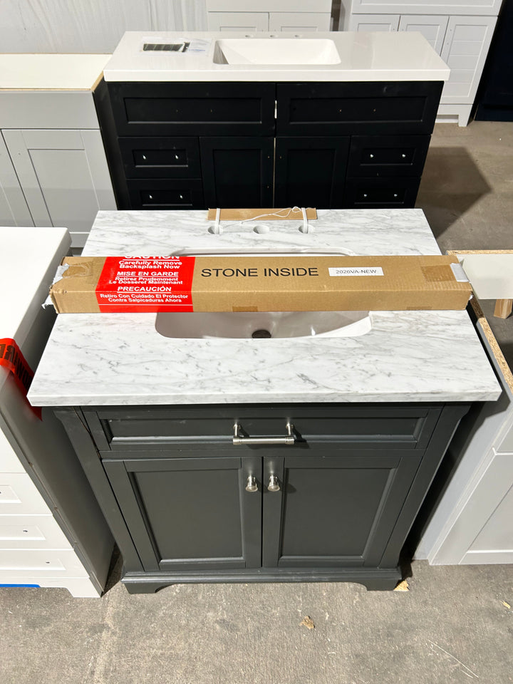 allen + roth Roveland 30-in Raven Undermount Single Sink Bathroom Vanity with Natural Carrara Natural Marble Top (damaged)