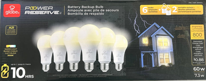 Global Electric LED Battery Backup Power Outage Bulb, 6 Pack (open box)