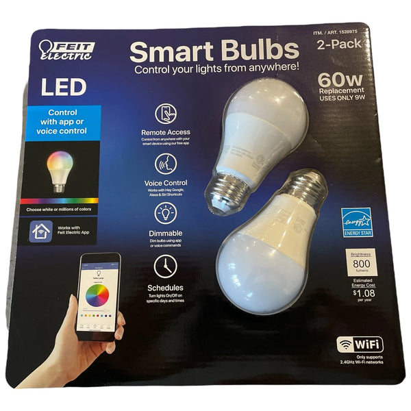 FEIT Electric 2 Pack Color WIFI Smart LED Light Bulbs 60W Control with App or Voice Control