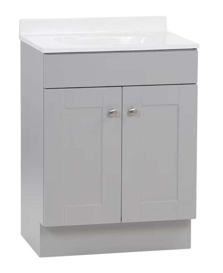 Proyecto Fuente Dover - Tocador de baño de 24 pulgadas con lavabo individual en gris claro y cubierta de mármol cultivado blanco