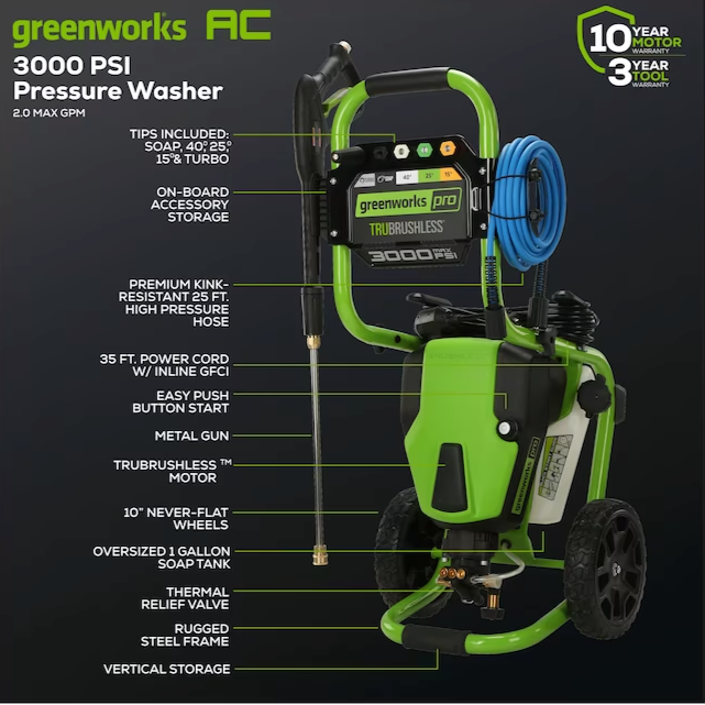 Greenworks Pro 3000 PSI 2-GPM Cold Water Electric Pressure Washer with 5 Spray Tips (used)