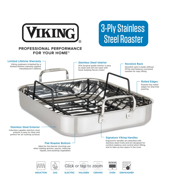 Viking 3-Ply Stainless Steel Roasting Pan with Rack and Bonus Carving Set - Silver