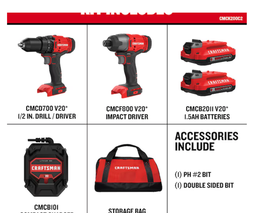 CRAFTSMAN V20 20-volt Max 2-Tool Power Tool Combo Kit with Soft Case (2-Batteries Included and Charger Included) (used) (bare tools)