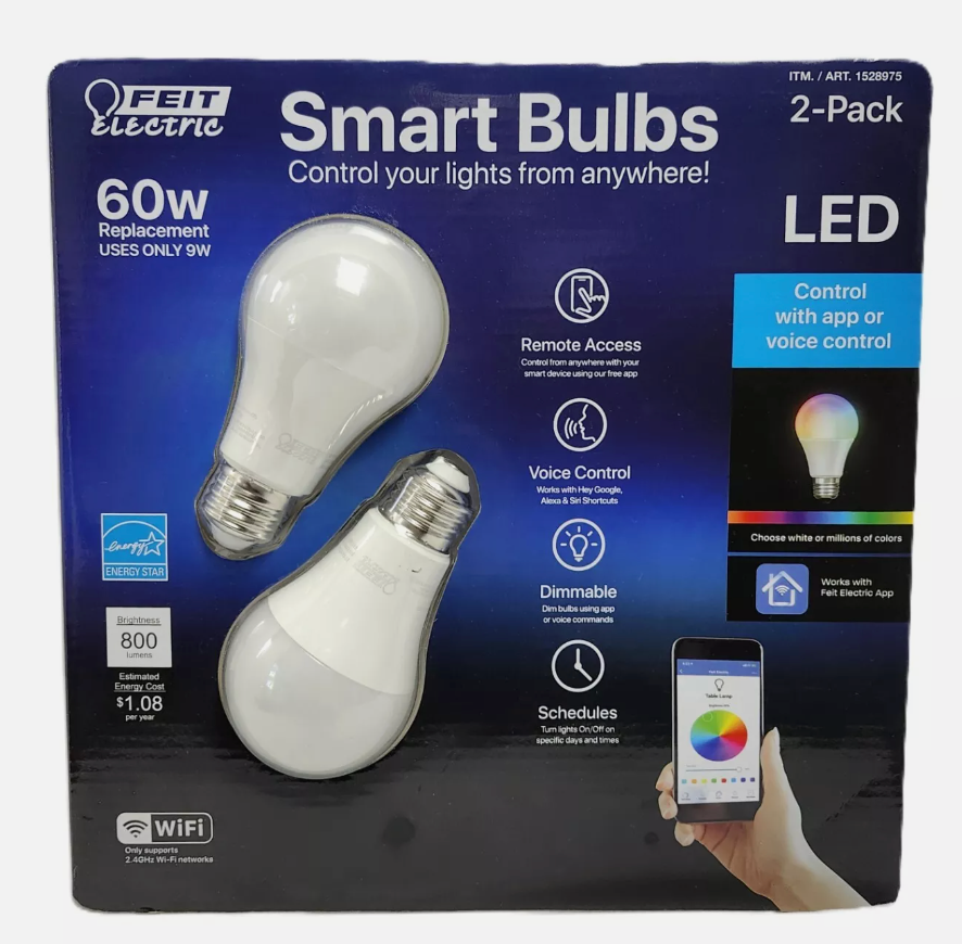 FEIT Electric 2 Pack Color WIFI Smart LED Light Bulbs 60W Control with App or Voice Control (new)