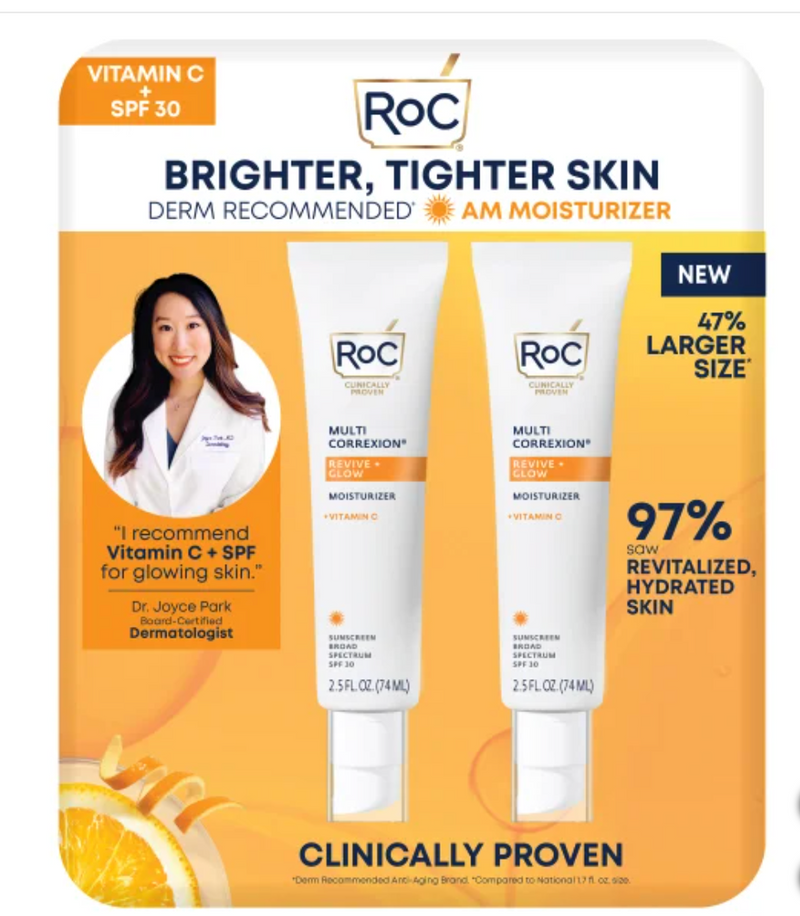 Crema hidratante con vitamina C RoC Revive and Glow, FPS 30, 2,5 fl oz, paquete de 2