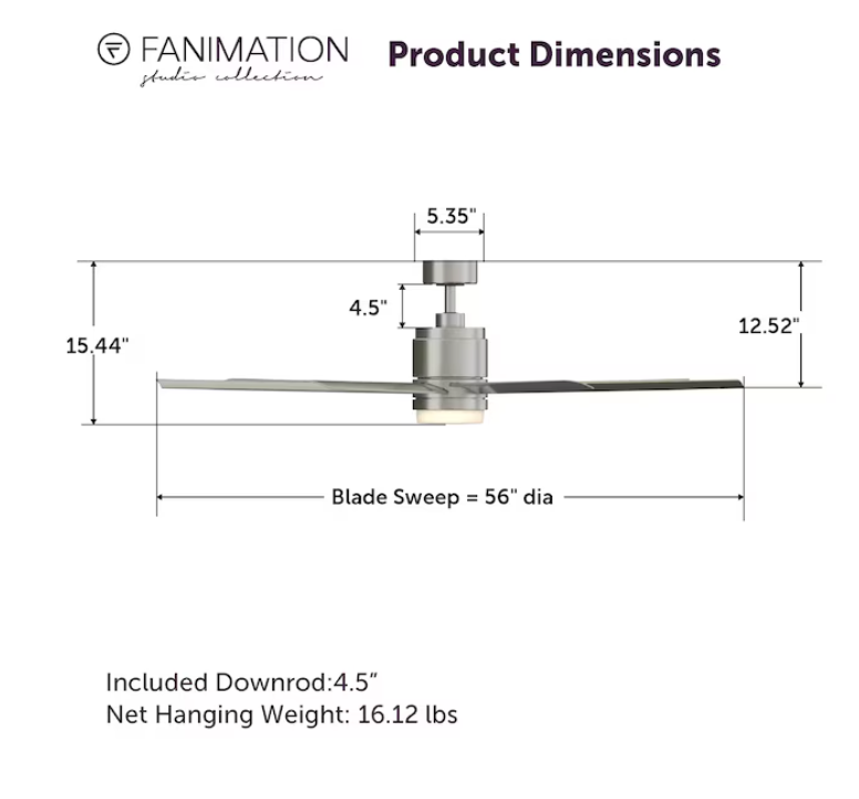 Fanimation Studio Collection Blitz 56-in Brushed Nickel with Gray Blades Integrated LED Indoor/Outdoor Ceiling Fan with Light and Remote (7-Blade) (OPEN BOX)