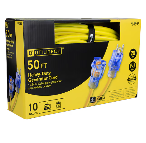 Utilitech 50-Ft 20-Amp 125-Volt 10-Gauge Yellow Outdoor Generator Cord Utilitech Generator cord (bare tool)(open box)