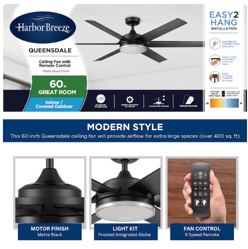 Harbor Breeze Queensdale 60-Inches Matte Black with Black Blades Color-Changing Integrated LED Fixture Indoor/Outdoor Downrod mount Standard Ceiling Fan With Light and Remote ( 6 -Blade)(open box)
