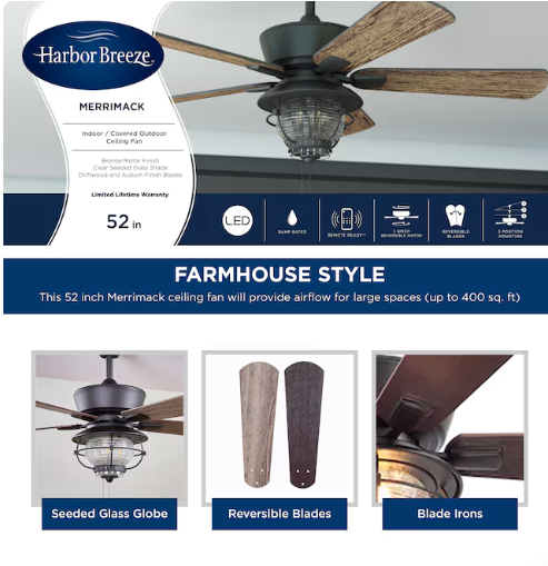 Harbor Breeze Merrimack II 52-Inches Bronze with Driftwood/Auburn Blades Indoor/Outdoor Downrod mount Standard Ceiling Fan With Light ( 5 -Blade) (open box)