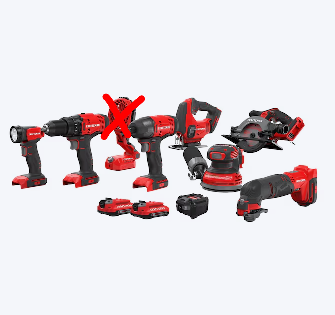 Kit combinado de herramientas eléctricas CRAFTSMAN V20 de 20 voltios máx., 8 herramientas, con estuche blando (2 baterías y cargador incluidos) (caja abierta)