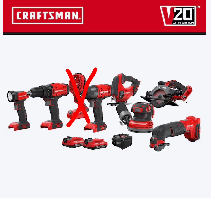 Kit combinado de herramientas eléctricas CRAFTSMAN V20 de 20 voltios máx., 8 herramientas, con estuche blando (2 baterías y cargador incluidos) (caja abierta)