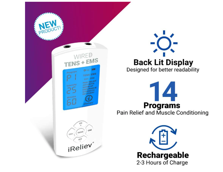 iReliev TENS Unit + EMS Muscle Stimulator Comes with 14 Therapy Modes (NEW)