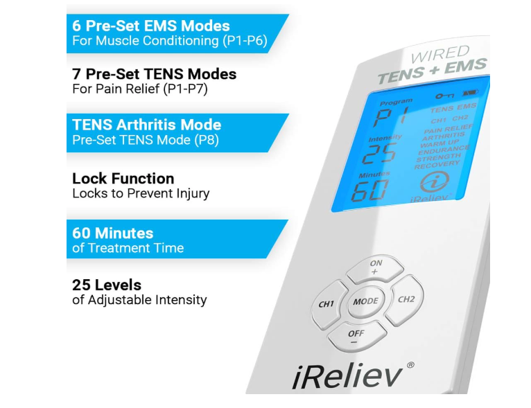 iReliev TENS Unit + EMS Muscle Stimulator Comes with 14 Therapy Modes (NEW)