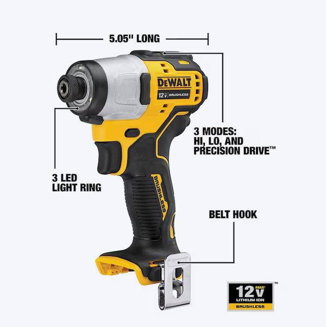 Atornillador de impacto inalámbrico sin escobillas DEWALT XTREME de 12 voltios máx. y 1/4 pulg. (herramienta básica)