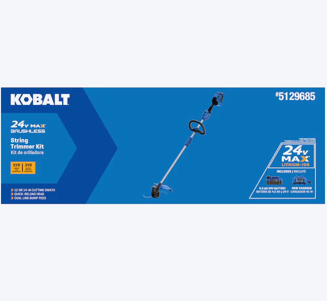 Desbrozadora de hilo Kobalt de 24 voltios y 14 pulgadas con eje recto, batería de 4 Ah (batería incluida), cargador incluido (caja abierta)