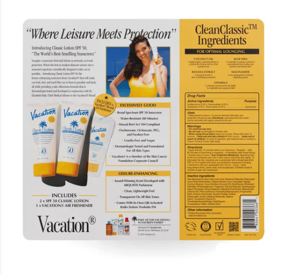 Vacation Classic Lotion, SPF 50, 6 fl oz Duo and Air Freshener (new)