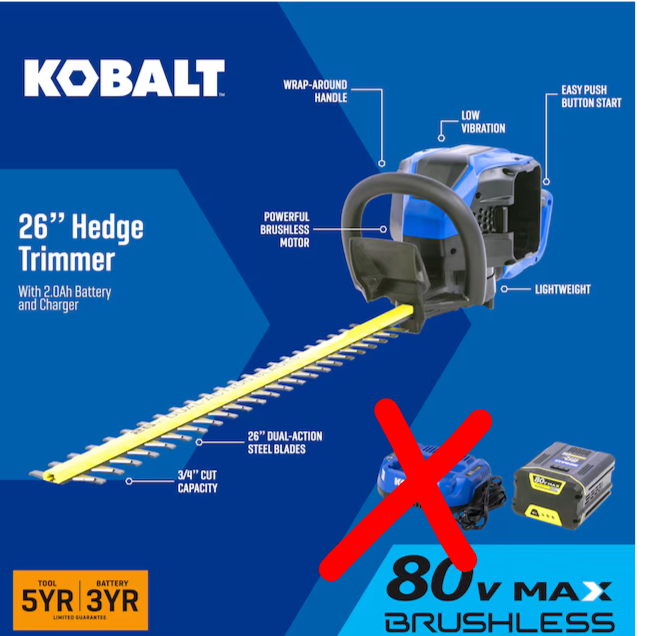 Kobalt 80-volt 26-in Battery Hedge Trimmer 2 Ah Battery Included , Charger Included (used)