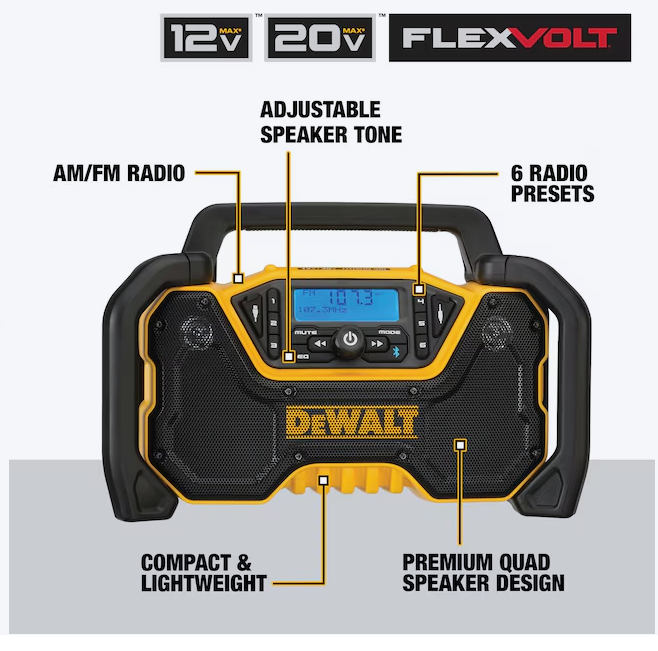 DEWALT 12-volt or 20-volt max Water Resistant Cordless Bluetooth Jobsite radio bluetooth adapter (open box)