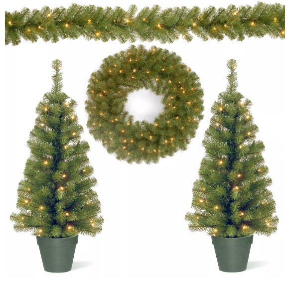 National Tree Company Pre-lit Artificial Trees, Garland & Wreath 4-piece Set (Open Box)