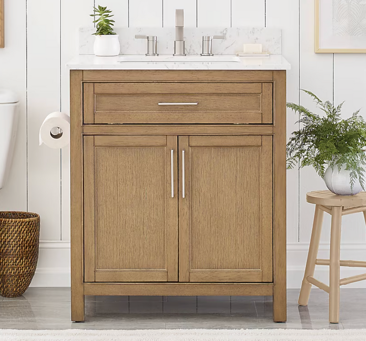 allen + roth Connery 30-in Golden Oak Undermount Single Sink Bathroom Vanity with White Engineered Stone Top (damaged)