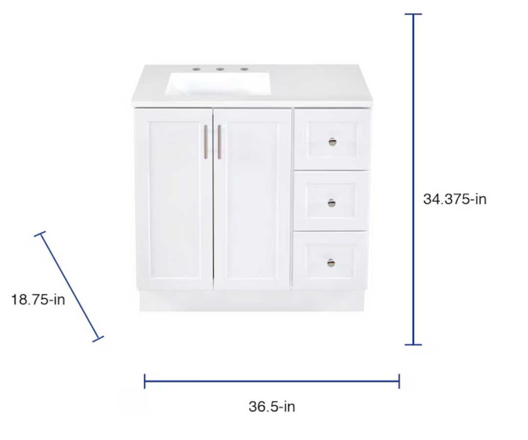 Style Selections Davies 36-in White Single Sink Bathroom Vanity with White (DAMAGED)  (NO TOP) (DONT LIST) (MP)