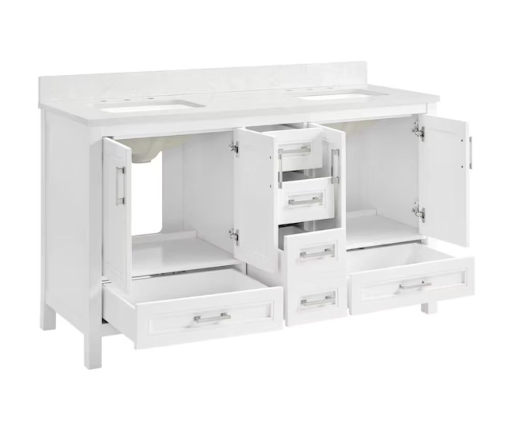 allen + roth Crest Hill 60-in White Undermount Double Sink Bathroom Vanity with Engineered Carrara Engineered Marble Top (open box)