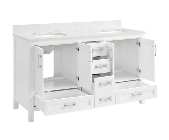 allen + roth Crest Hill 60-in White Undermount Double Sink Bathroom Vanity with Engineered Carrara Engineered Marble Top (open box)