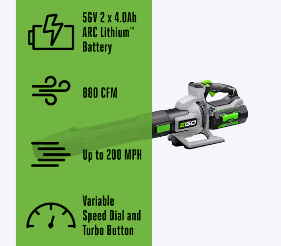 EGO POWER+ 56v 880-CFM 200-MPH Cordless Battery Handheld Leaf Blower with (1) 4-Ah Battery and Charger Included (Used)
