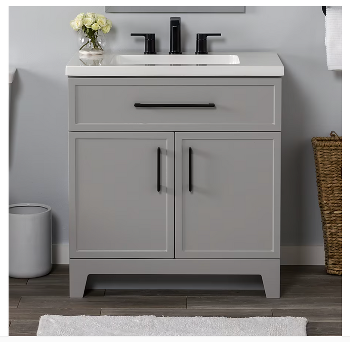 Tocador de baño Style Selections Davies de 30 pulgadas con lavabo individual gris y cubierta de mármol cultivado blanco (espejo incluido) (caja abierta) 