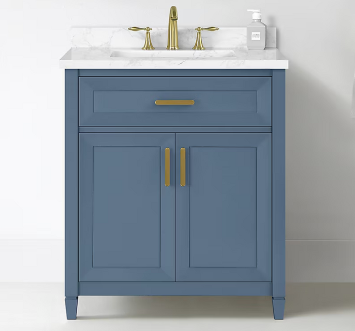 allen + roth Lancashire 30in Chambray Blue Single Sink Bathroom Vanity w White Stone Top (DAMAGE)