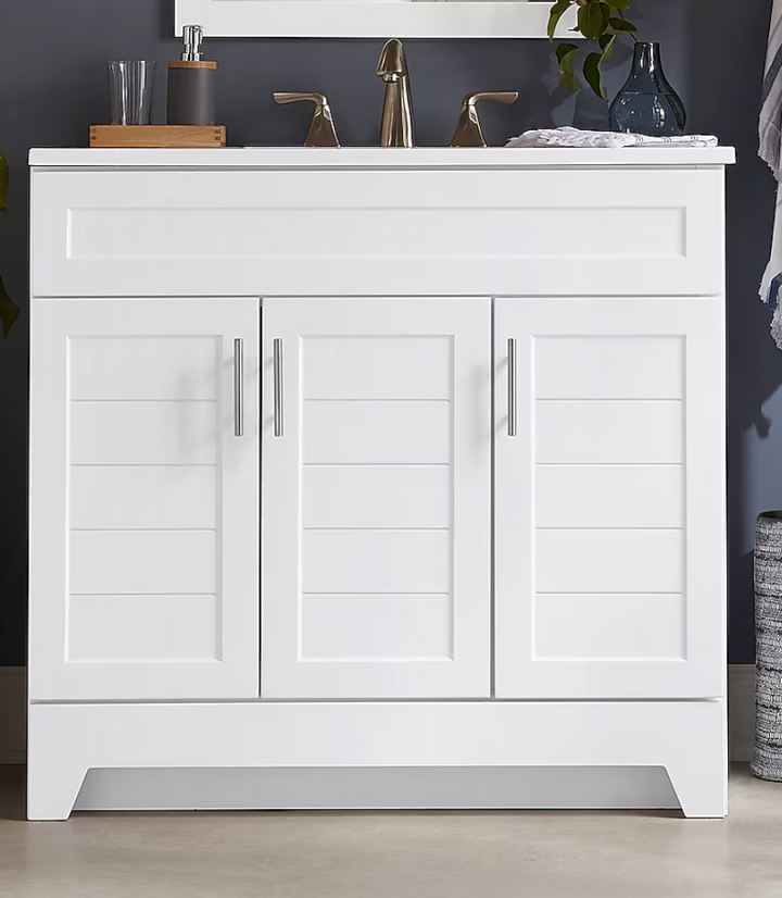 Style Selections Kirkman 36in True White Single Sink Bathroom Vanity w White Cultured Marble Top (damaged)