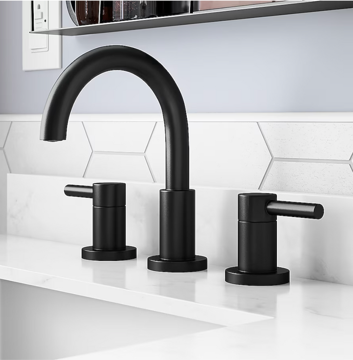 allen + roth Harlow Simplefit Matte Black Widespread 2-handle WaterSense Mid-arc Residential Handle Bathroom Sink Faucet with Drain (new)