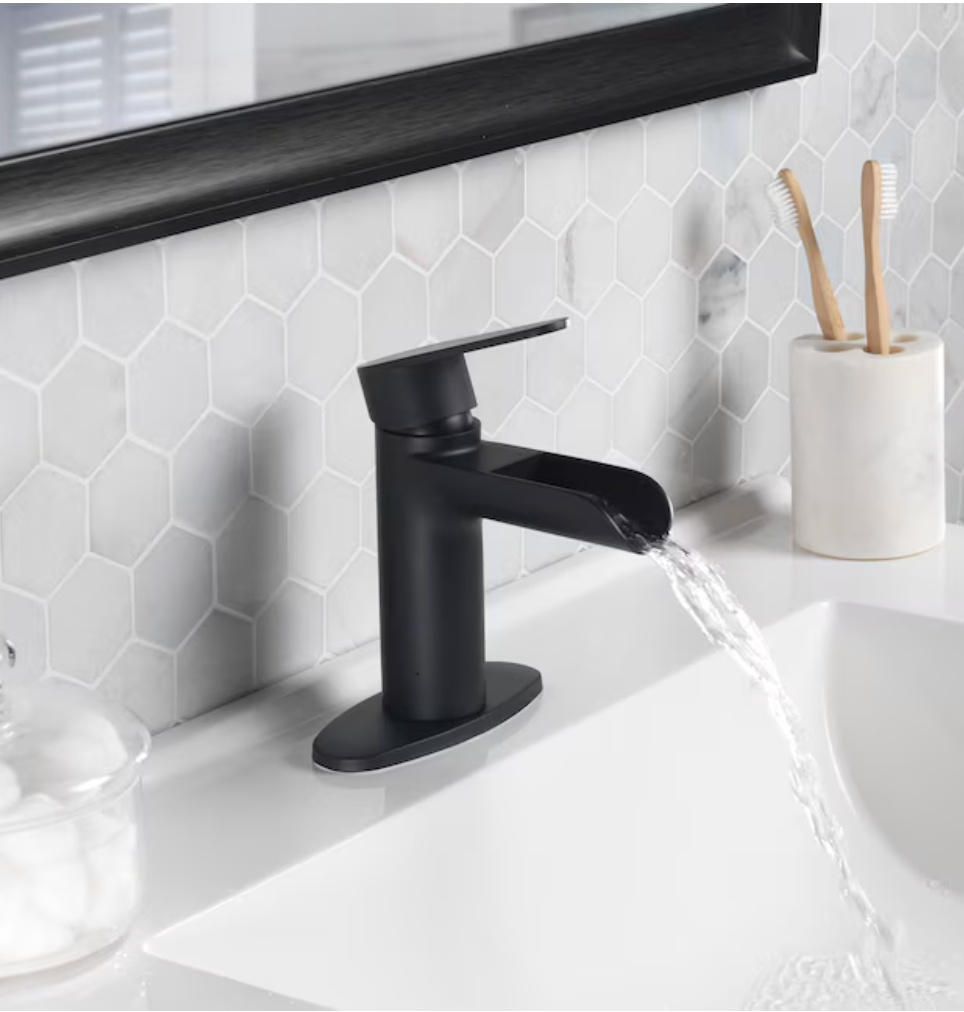 Project Source Haddington Matte Black Single hole 1-handle WaterSense Waterfall Residential Handle Bathroom Sink Faucet with Drain with Deck Plate (new)