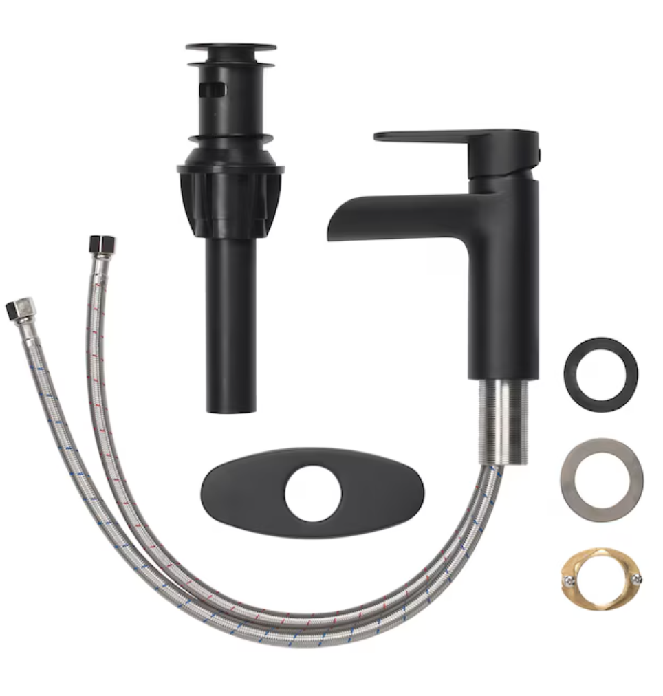 Project Source Haddington Matte Black Single hole 1-handle WaterSense Waterfall Residential Handle Bathroom Sink Faucet with Drain with Deck Plate (new)