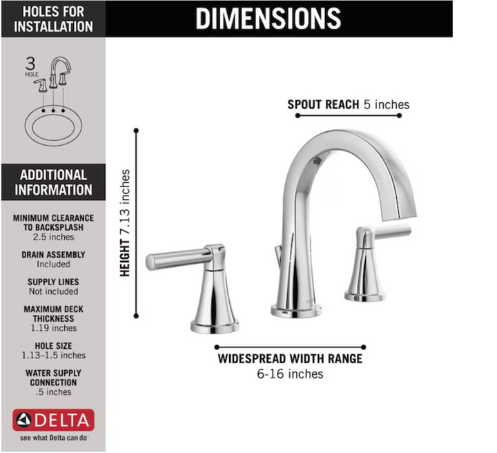 Delta Becker Chrome Widespread 2-handle WaterSense Mid-arc Residential Handle Bathroom Sink Faucet with Drain (new)