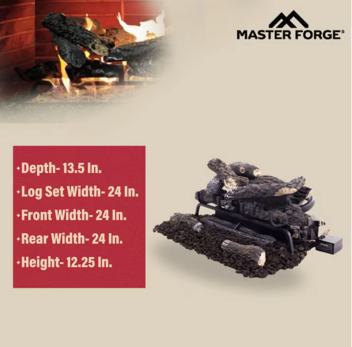 Master Forge 24-in 33000 -BTU Dual Fuel Dual -Burner Vent-free Gas Fireplace Logs with Thermostat and Remote (open box)