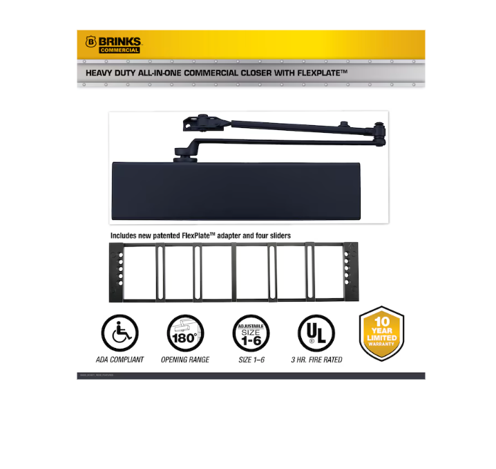 BRINKS COMMERCIAL Grade 1 FlexPlate All-in-One Matte Black Commercial Door Closer (new)