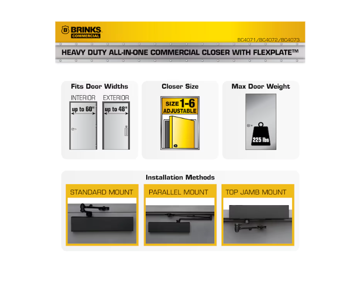 BRINKS COMMERCIAL Grade 1 FlexPlate All-in-One Matte Black Commercial Door Closer (new)