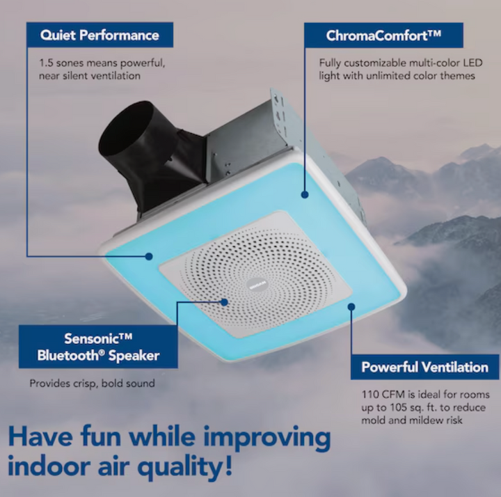 Broan Chroma Comfort 1.5-Sone 110-CFM White Decorative Lighted Bluetooth Compatibility Bathroom Fan (Open Box)
